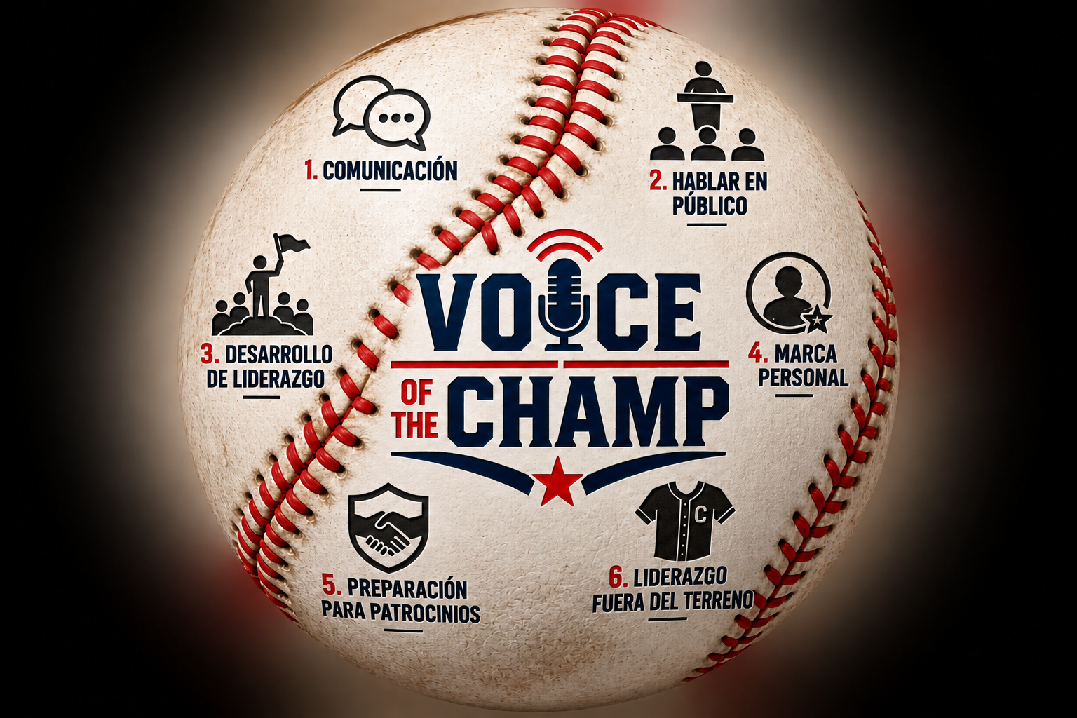 Visión de desarrollo de Voice of the Champ: comunicación, hablar en público, liderazgo, marca personal, preparación para patrocinios y liderazgo fuera del terreno.
