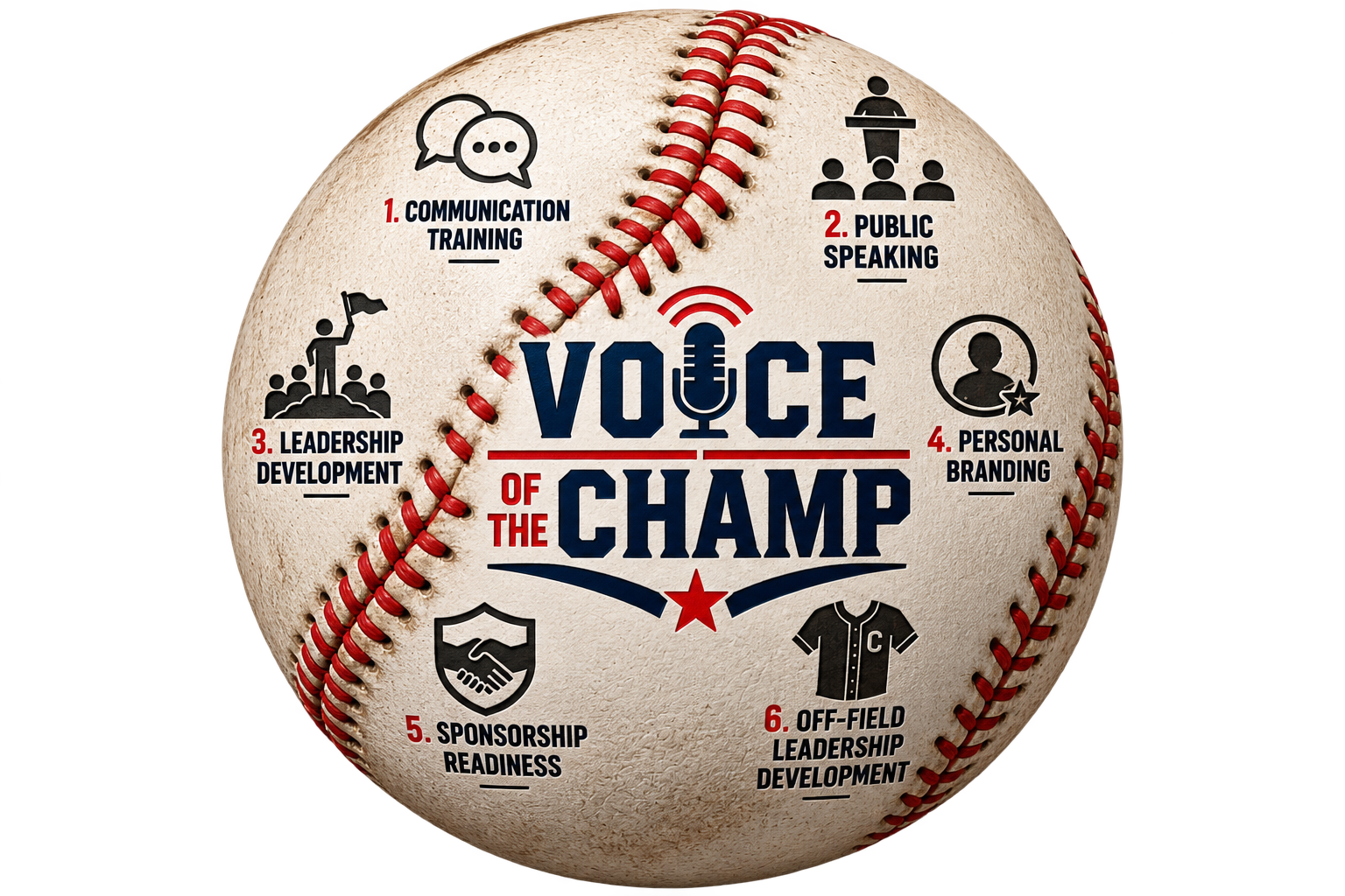 Voice of the Champ academy development vision: communication training, public speaking, leadership development, personal branding, sponsorship readiness, and off-field leadership development.