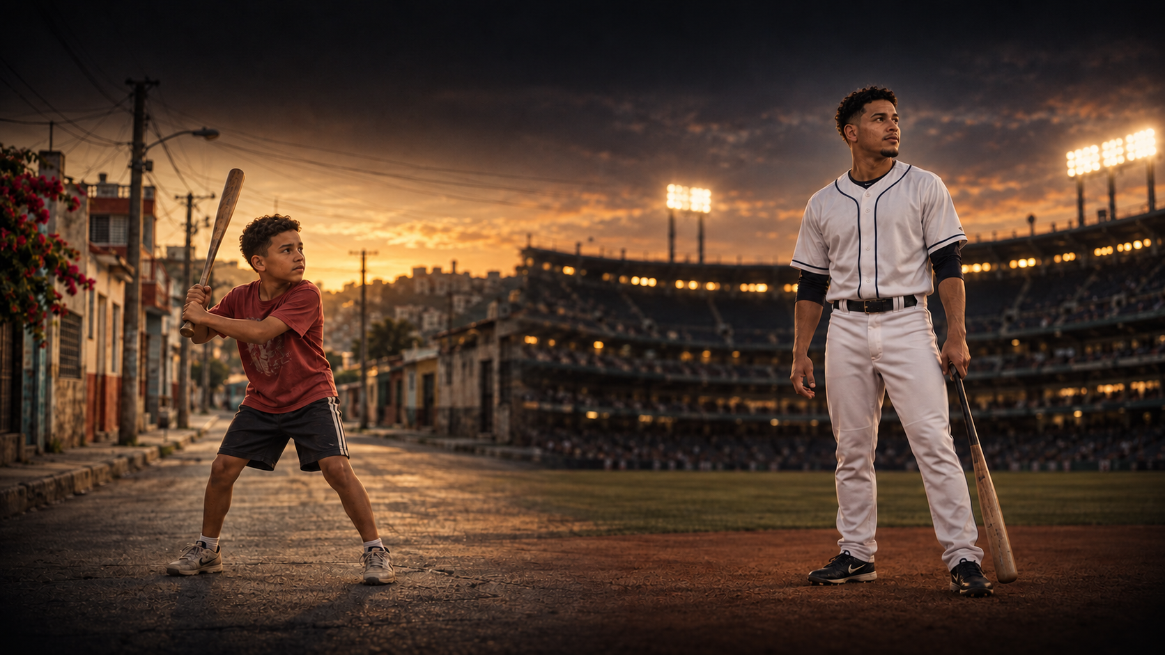 A fictional boy playing street baseball in Venezuela and his imagined adult self in a professional baseball uniform, with the street blending into a stadium.