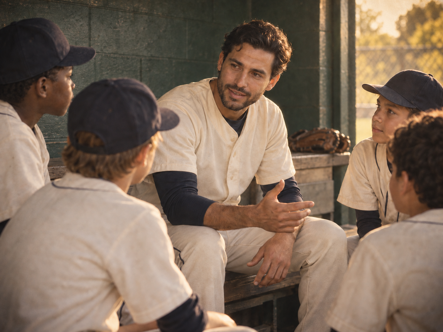 A fictional professional baseball player sharing a relaxed conversation with four young players in a dugout.